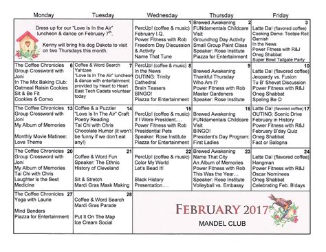 Menorah Park's Mandel Adult Day Center in Cleveland, Ohio: February 2017 Newsletter /Calendar