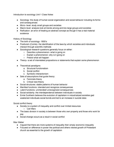 Sociology unit 1 class notes - Introduction to sociology Unit 1 Class ...