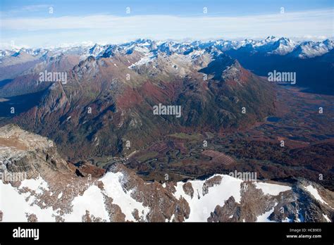 Aerial view of Tierra del Fuego National Park, mountains and lakes ...