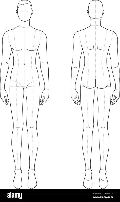 Fashion template of standing men. 9 head size for technical drawing with main lines. Gentlemen ...