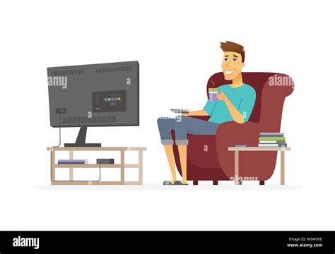 Young man watching TV - cartoon people character isolated illustration ...