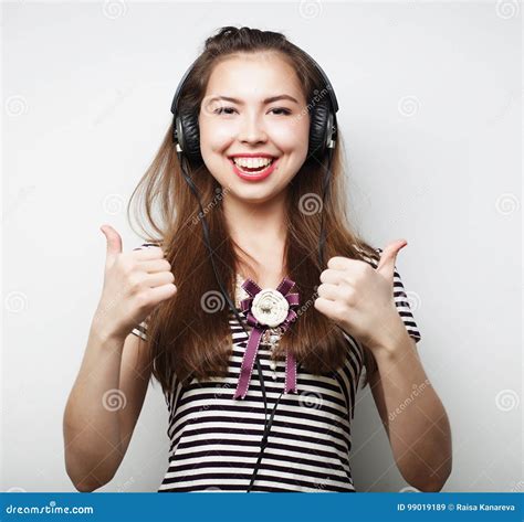 Woman with Headphones Listening Music. Music Girl Dancing Agains Stock Image - Image of light ...