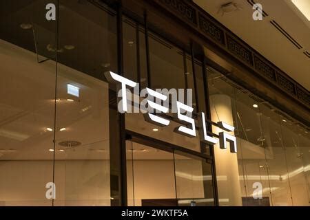 Tesla office American company, electric car manufacturer Elon Musk, sales center, automotive ...