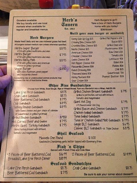 Menu at Herb's Tavern restaurant, Rocky River