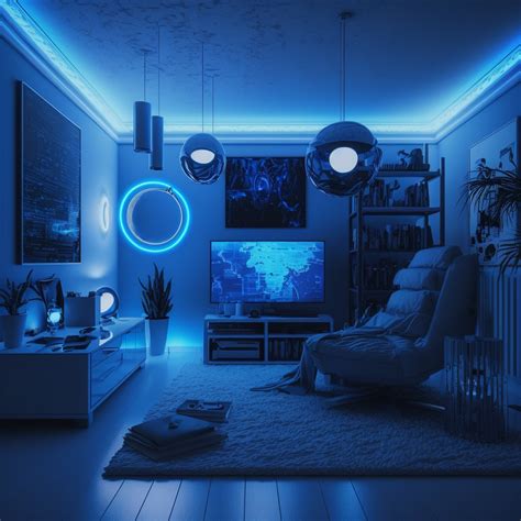 a living room filled with furniture and blue lighting