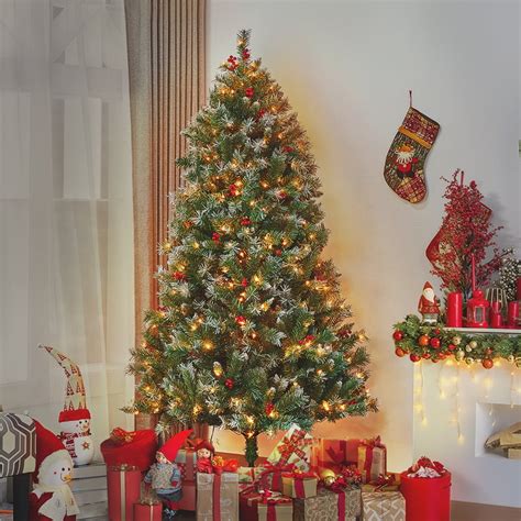 6ft Pre-lit Snow Frosted Artificial Christmas Tree with Red Berries Foldable Stand Green ...