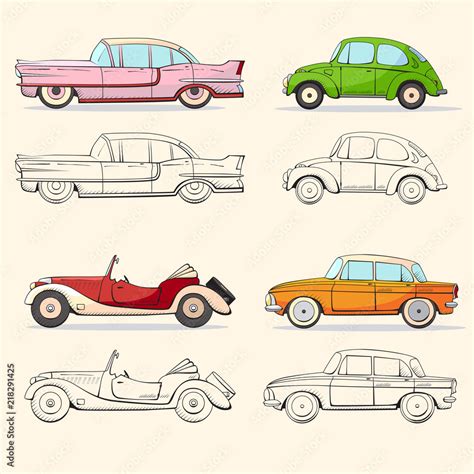 Collection with retro car in cartoon style. Color and black outline retro auto. Classic car ...