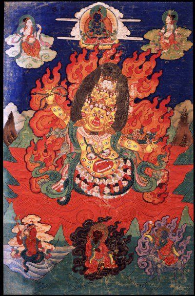 This 19th Century painting depicts Rahula as fiercely wrathful, yellow ...