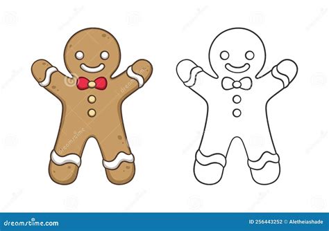 Cute Gingerbread Man With A Bow Tie Outline And Colored Doodle Cartoon ...