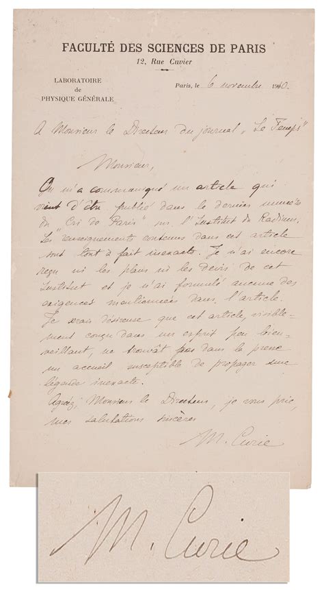 Marie Curie Autograph Letter Signed Sells for $7,866 at Nate's