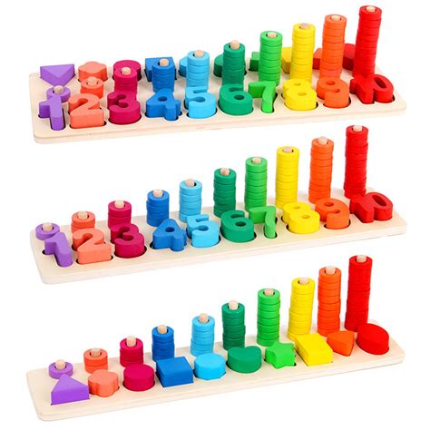 Kids Wood Sorting Puzzles Toys Shape Sorter Number and Math Stacking Blocks Toddlers Learning ...