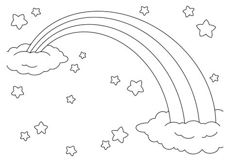 Fairytale sky with rainbow, stars and clouds. Coloring book page for ...