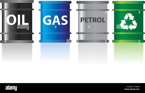 different types of fuels labelled in barrels with reflection Stock ...