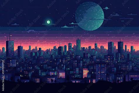 Illustration of a modern city with skyscrapers, night time. Pixel art. Generative AI Stock ...