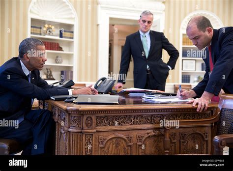 President Barack Obama meets with Chief of Staff Denis McDonough and Ben Rhodes, Deputy National ...