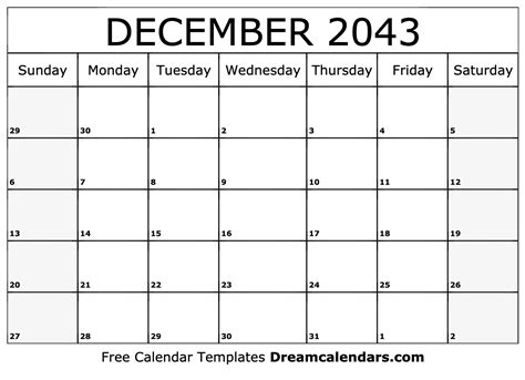 December 2043 Calendar - Free Printable with Holidays and Observances