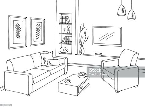 Living Room Graphic Black White Interior Sketch Illustration Vector Stock Illustration ...