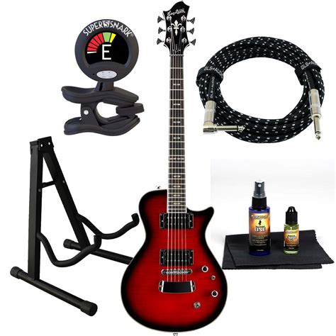 Hagstrom Ultra Swede Flame Guitar Burgundy Burst, Electric Guitar Stand, GLS Audio 20 FT Cable ...