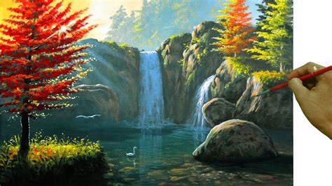 Landscape Painting Tutorial on HOW TO PAINT Autumn Waterfalls in ...