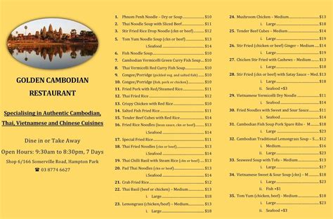 Menu at Golden Cambodian restaurant, Hampton Park