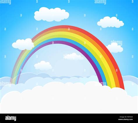 cartoon sky with rainbow and clouds. vector horizontal background with ...