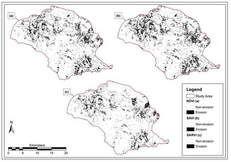 Soil erosion maps: NDVI (a), SAVI (b), and SARVI (c), classified from ...