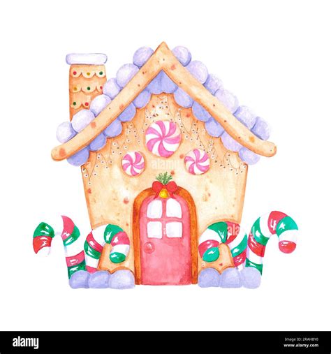 Watercolor hand drawn gingerbread house with candy canes. Christmass ...