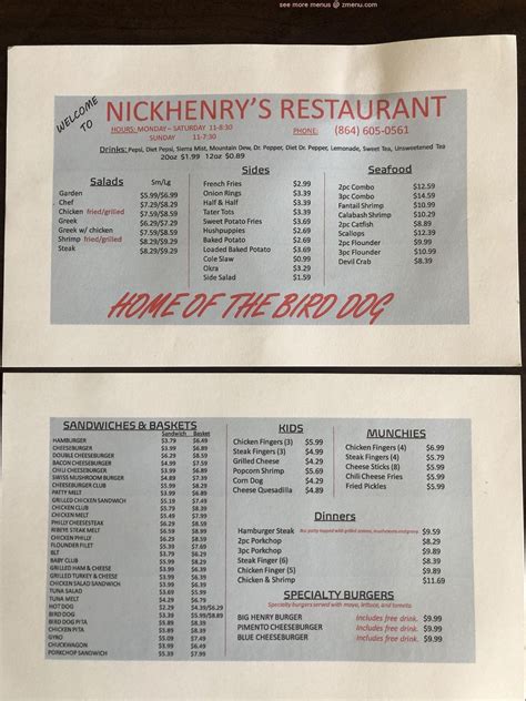 Menu at Nick Henry's Restaurant, Piedmont