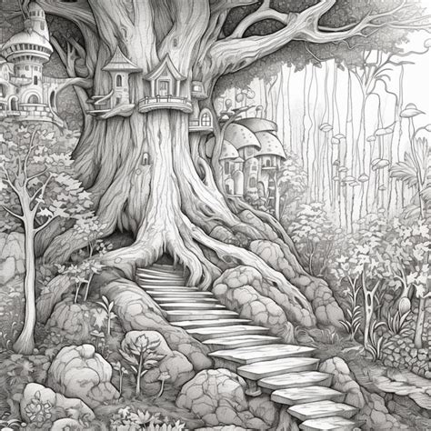 Premium AI Image | A drawing of a tree house in the middle of a forest ...