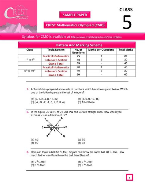 CREST Mathematics Olympiad (CMO) Class 5 Sample Paper