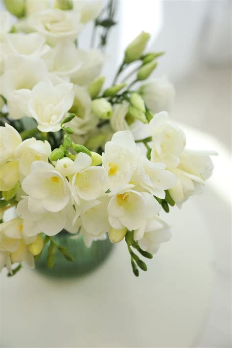 Beautiful Bouquet with White Freesia Flowers on Table, Above View Stock Image - Image of bloom ...