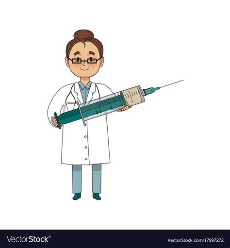 Funny woman doctor character with giant syringe Vector Image