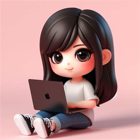 Premium Photo | 3D Chibi Character Featuring A Realistic girl Sitting Relaxed With A Black Apple ...