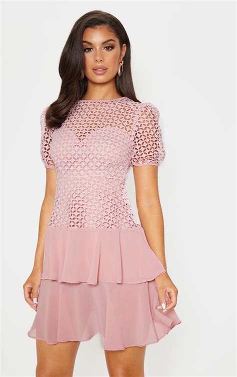 Dusty Pink Lace Puff Sleeve Shift Dress | PrettyLittleThing AUS