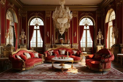 Luxury royal interior of royal palace with red velvet sofa and gold ...