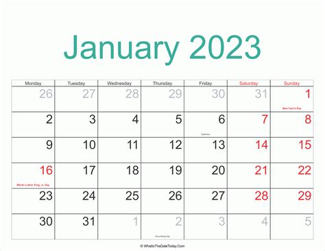 January 2023 Calendar Printable with Holidays | Whatisthedatetoday.Com