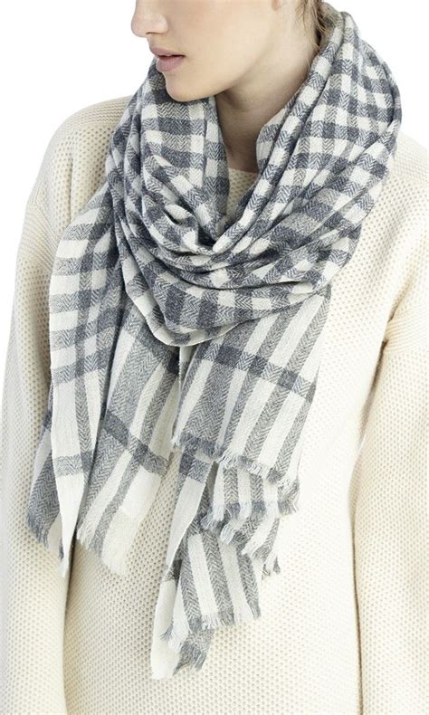 Cashmere scarf in a cream & grey checkered print by @solesociety | Plaid cashmere scarf, Fashion ...