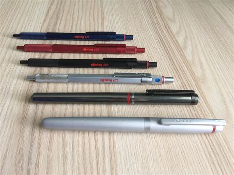 My Rotring pen collection so far! Rotring 600 pens in blue, red, black and silver; Rotring 400 ...