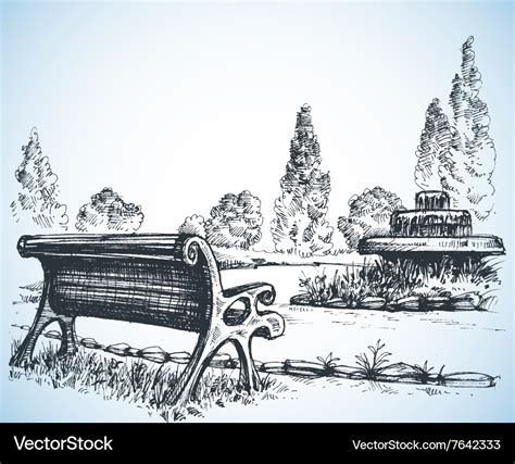 Park sketch a fountain and bench Royalty Free Vector Image