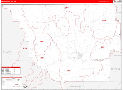 Randolph County, AR Zip Code Wall Map Red Line Style by MarketMAPS - MapSales.com