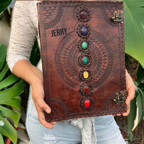 Personalized Seven Chakras Stone Leather Journal Grimoire Embossed Notebook Sketchbook Christmas ...