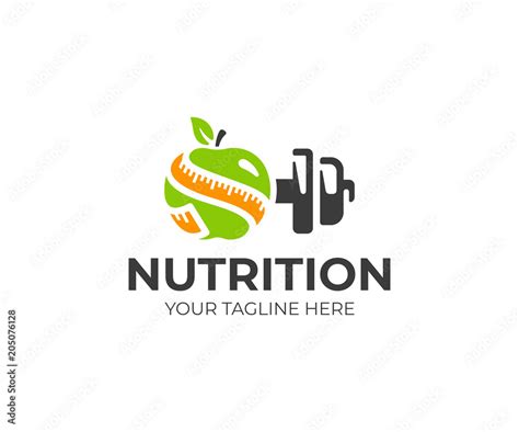 Sports nutrition logo template. Green apple with measure tape and metal dumbbell vector design ...