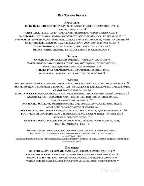 Menu of Rye Tavern in Plymouth, MA 02360