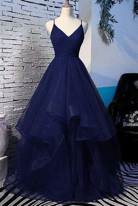 Fluffy V Neck Navy Blue Long Prom Dress With Straps, V Neck Navy Blue ...