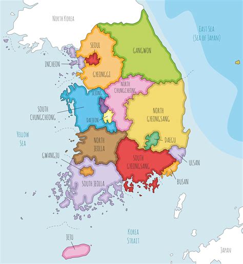 Vector illustrated map of South Korea with provinces, metropolitan ...