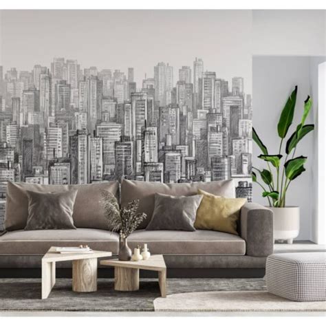 Black White City Buildings Wall Mural