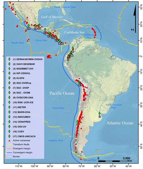 Figure : Map showing the active volcanoes (red triangles) and volcano... | Download Scientific ...