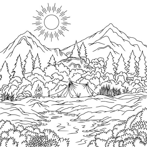 Premium Vector | Vector Camping Mountain Landscape Outline Design