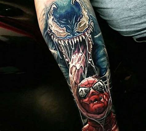 Amazing colors realism tattoo style of Venom vs Spiderman motive done ...