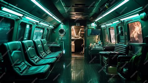 Premium AI Image | A train with a green interior and a sign that says ...